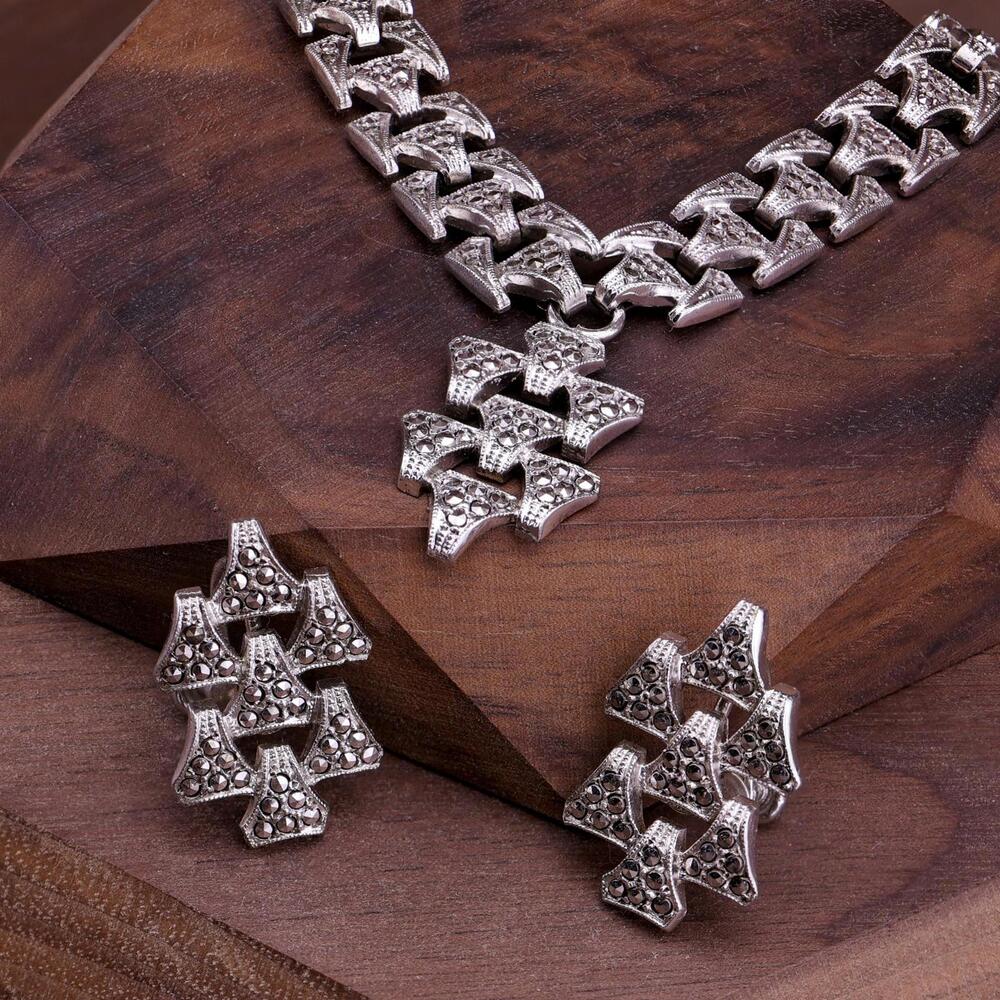 Vintage KD Kilmer & Daniel Art Deco Sterling Marcasite Necklace and Earring Set - Picture 2 of 11